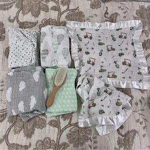 Gender Neutral Muslin Swaddle and Lovie Blanket with infant hair brush